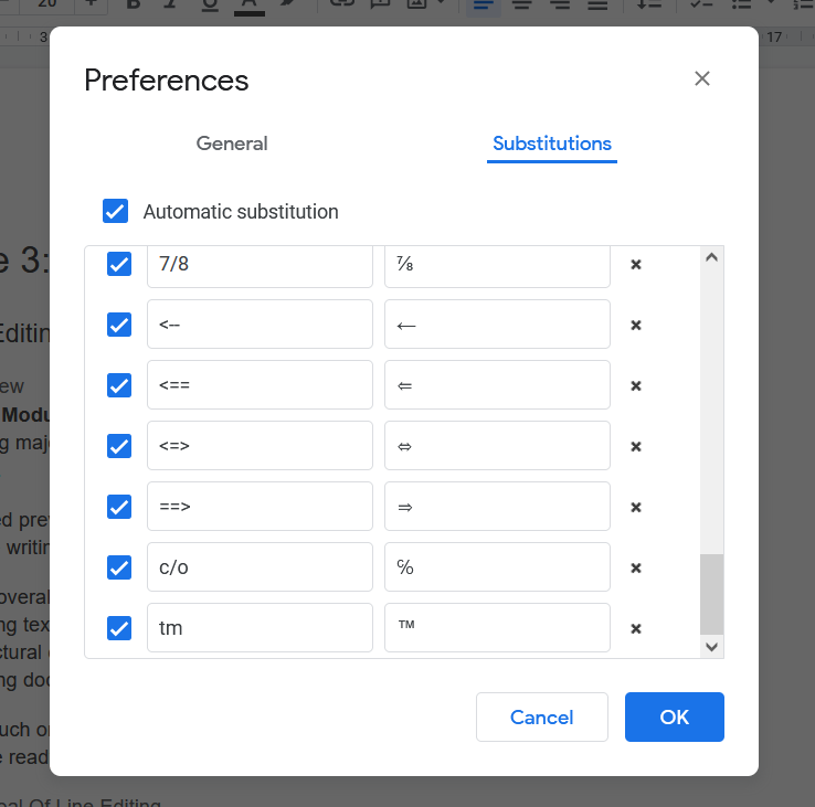 Autocorrect options available via the Preferences menu in Google Docs.